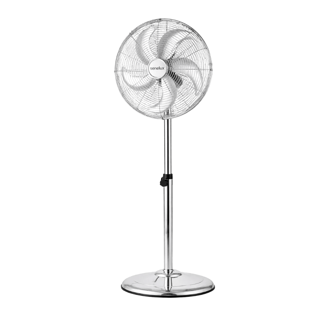 Senelux 16 Inch Metal Pedestal Floor Fan, Chrome Standing Fan with 5 Blades, Oscillating Function, 3 Speed Settings, Adjustable Height - AR enterprises